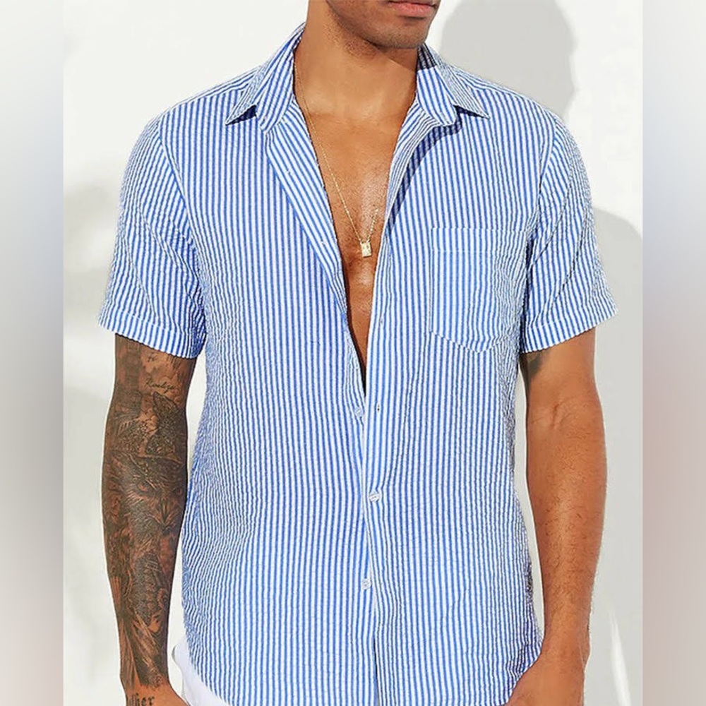Lands End Sear Sucker Short Sleeve Button Up